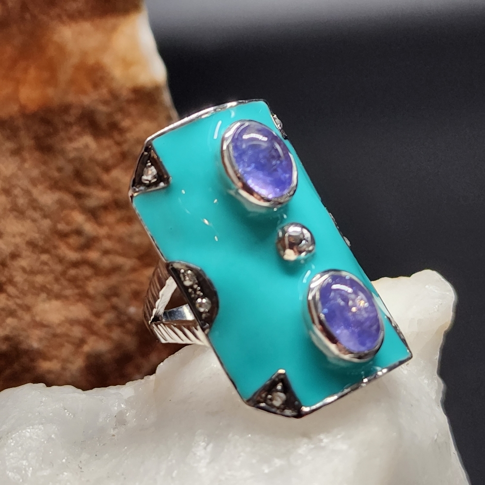 Solid Sterling Silver 925 Ring Diamond Black Rhodium Raw Sapphire Gemstone